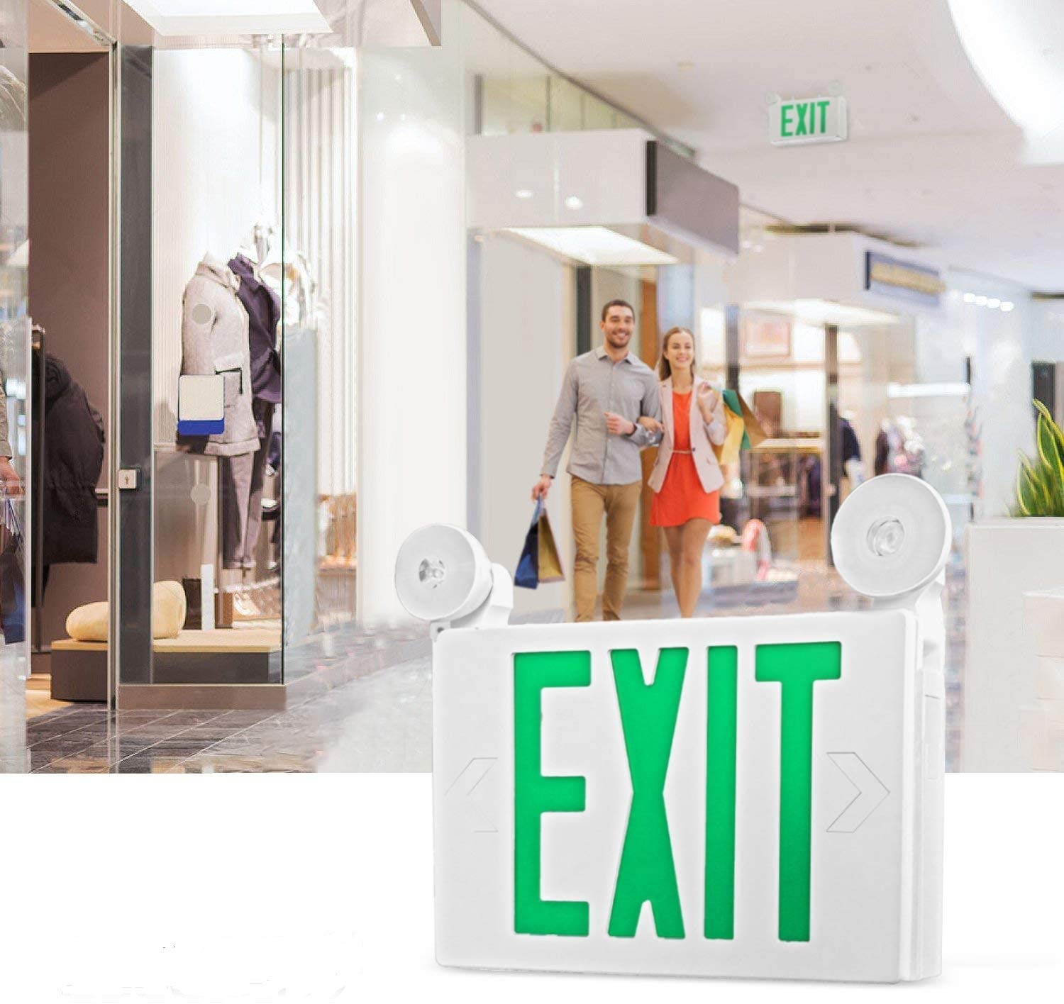 EXITLUX 1 Pack Green Led Exit Sign with Emergency Lighting Battery Backp -Two LED Adjustable Head -120V/277V-UL Listed-Exit Lighting -Dual LED Lamp ABS Fire Resistance for Power Failure.