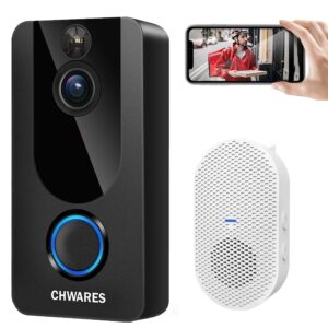 chwares video doorbell camera with chime, 1080p hd, wireless wifi, motion detection, 2-way audio, night vision, ip65 waterproof, battery powered, easy installation, one-year free cloud storage