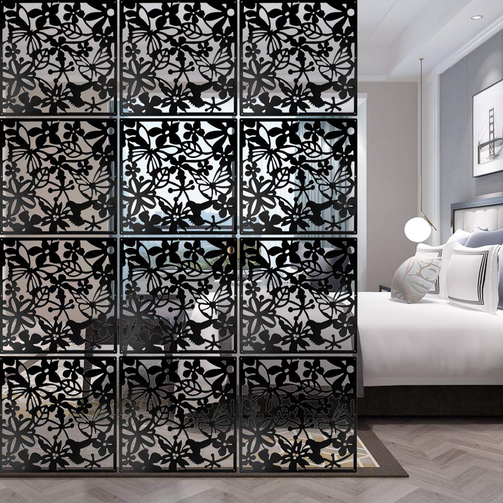 ANMINY 24 PCS Hanging Room Divider Flower Carving Pattern Panels Decorative Wall Screen Panel Hollow Out Design for Living Dining Room Kitchen Bedroom Office Restaurant Home Hotel Decor - Black+White