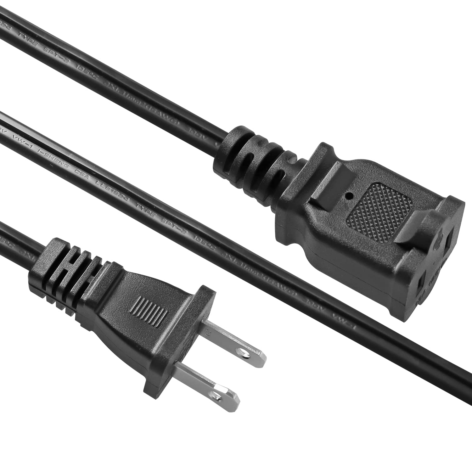 2 Pack Short US AC Power Extension Cable Cord SPT-2 16AWG/2C 125V 13A 2-Prong Polarized Male to Female Extension Cord for NEMA 1-15P to NEMA 1-15R 1FT