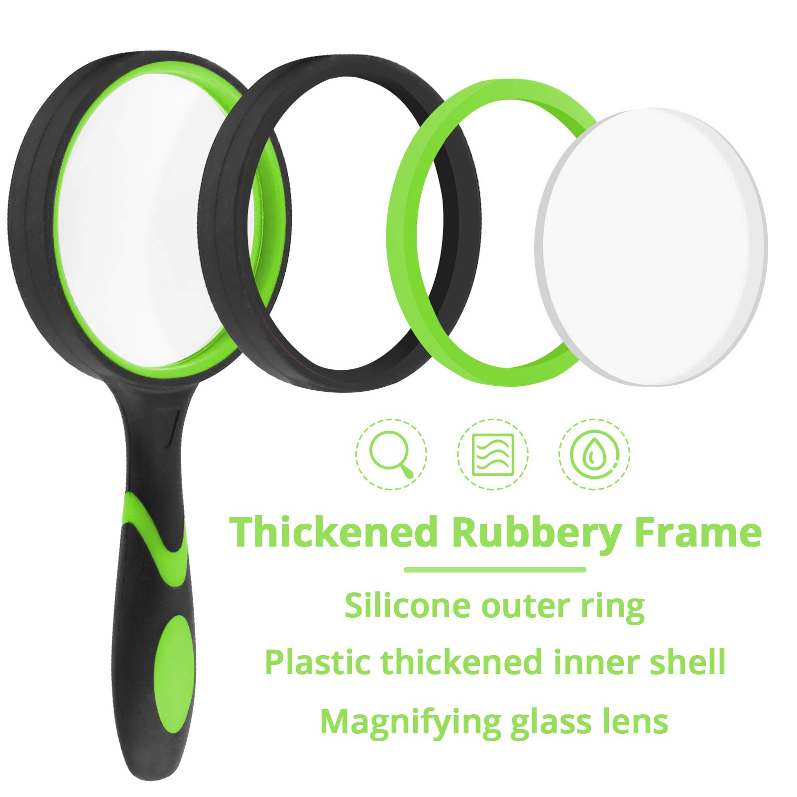 MJIYA Magnifying Glass, 8X Handheld Reading Magnifier for Kids and Seniors, Non-Scratch Quality Glass Lens, Shatterproof Design (75mm, Green)