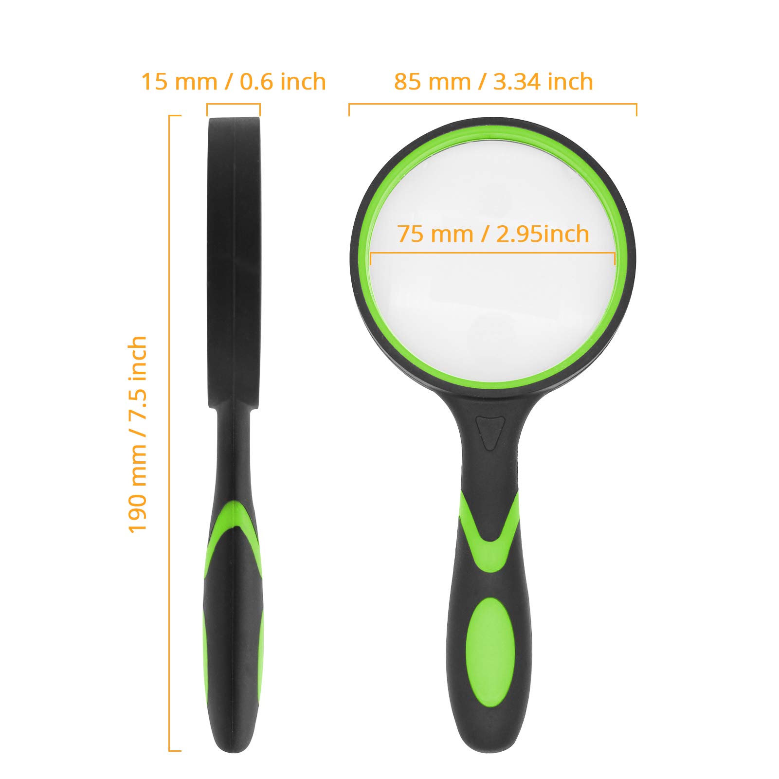 MJIYA Magnifying Glass, 8X Handheld Reading Magnifier for Kids and Seniors, Non-Scratch Quality Glass Lens, Shatterproof Design (75mm, Green)