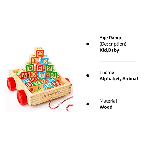 Oaktown Supply Building Blocks for Toddlers 1-3 Years Old, 30 Large Stackable Wooden Baby Blocks with Alphabet and Number Icons on Every Side, Toy Wagon Included﻿