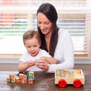 Oaktown Supply Building Blocks for Toddlers 1-3 Years Old, 30 Large Stackable Wooden Baby Blocks with Alphabet and Number Icons on Every Side, Toy Wagon Included﻿