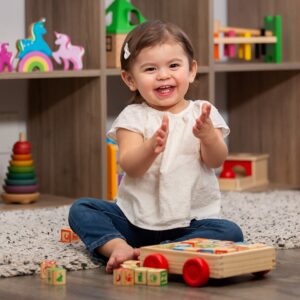 Oaktown Supply Building Blocks for Toddlers 1-3 Years Old, 30 Large Stackable Wooden Baby Blocks with Alphabet and Number Icons on Every Side, Toy Wagon Included﻿