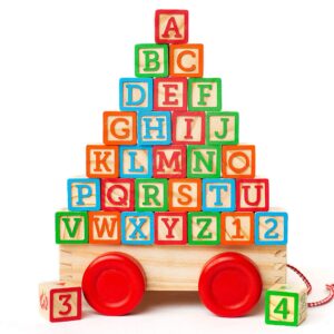 Oaktown Supply Building Blocks for Toddlers 1-3 Years Old, 30 Large Stackable Wooden Baby Blocks with Alphabet and Number Icons on Every Side, Toy Wagon Included﻿