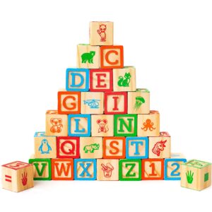 Oaktown Supply Building Blocks for Toddlers 1-3 Years Old, 30 Large Stackable Wooden Baby Blocks with Alphabet and Number Icons on Every Side, Toy Wagon Included﻿