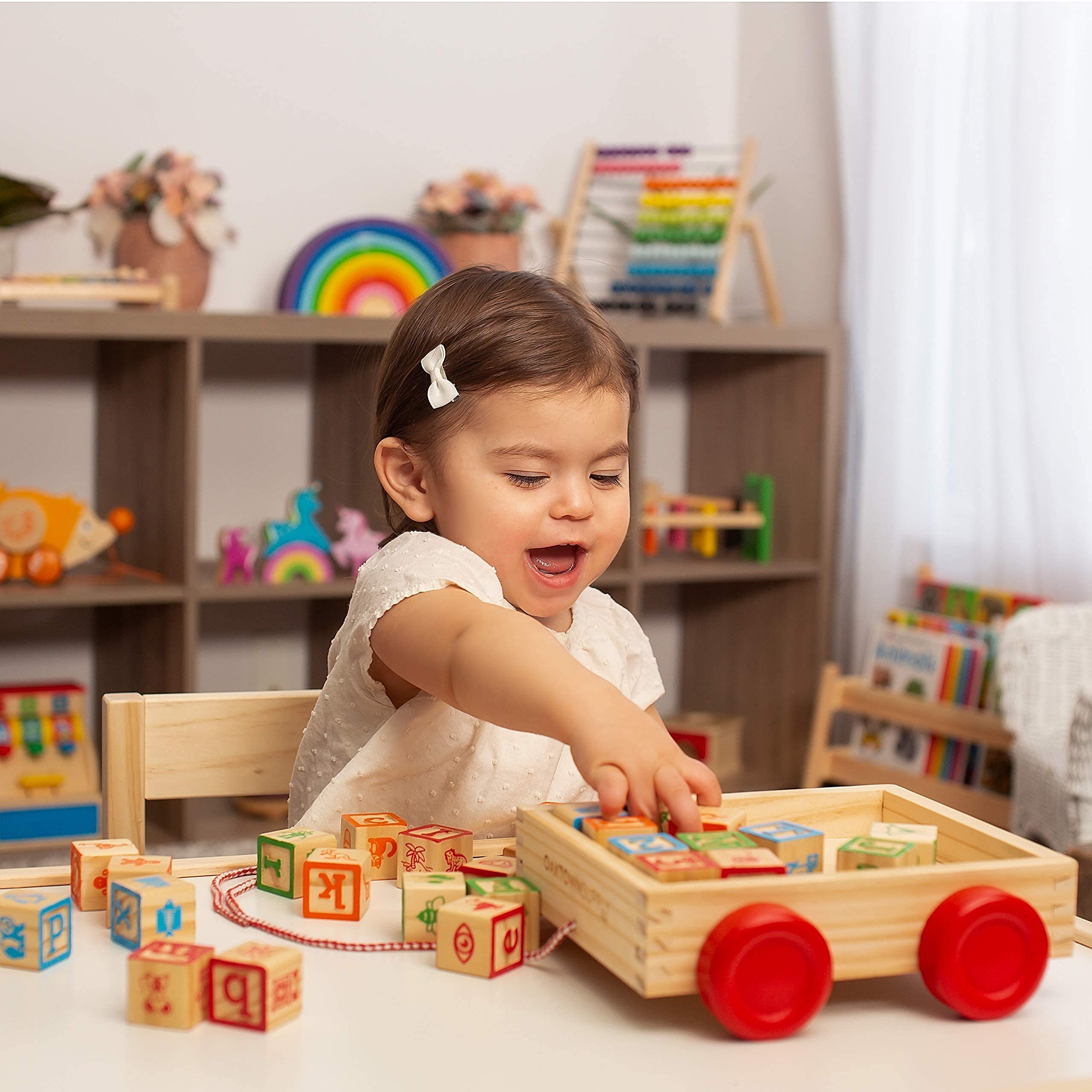 Oaktown Supply Building Blocks for Toddlers 1-3 Years Old, 30 Large Stackable Wooden Baby Blocks with Alphabet and Number Icons on Every Side, Toy Wagon Included﻿