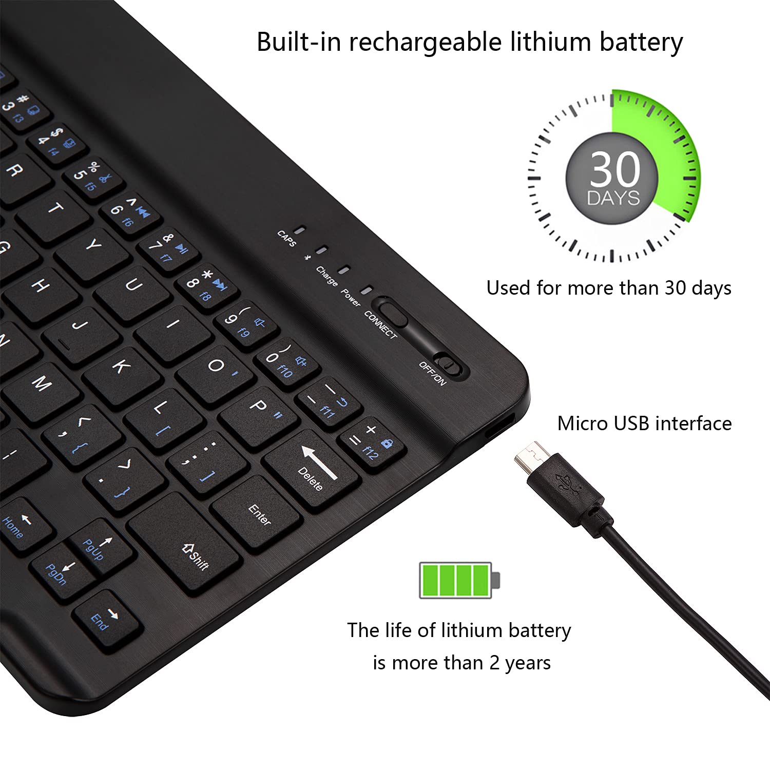 Ultra-Slim Bluetooth Keyboard Portable Mini Wireless Keyboard Rechargeable for Apple iPad iPhone Samsung Tablet Phone Smartphone iOS Android Windows (10 inch Black)