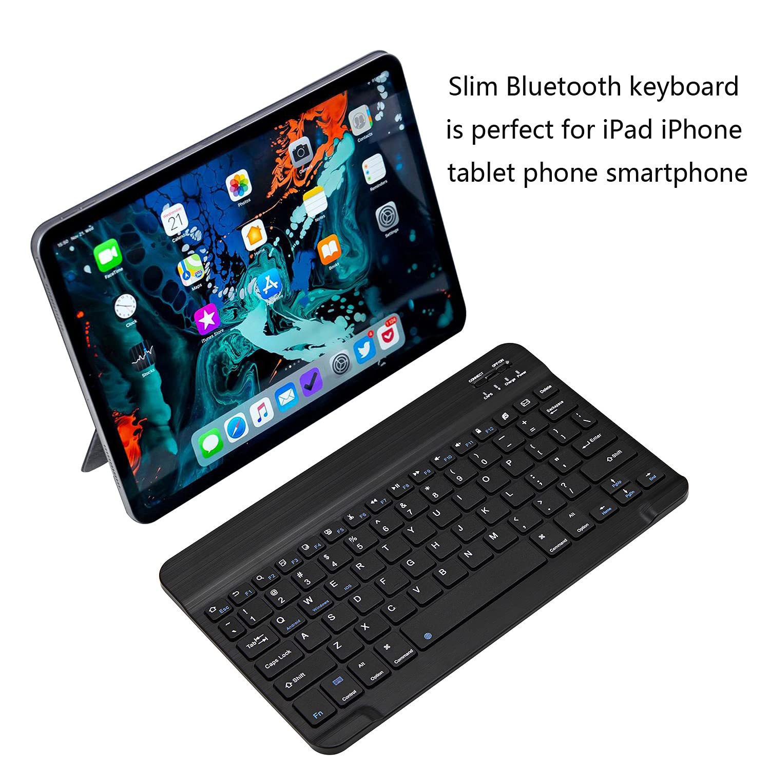 Ultra-Slim Bluetooth Keyboard Portable Mini Wireless Keyboard Rechargeable for Apple iPad iPhone Samsung Tablet Phone Smartphone iOS Android Windows (10 inch Black)