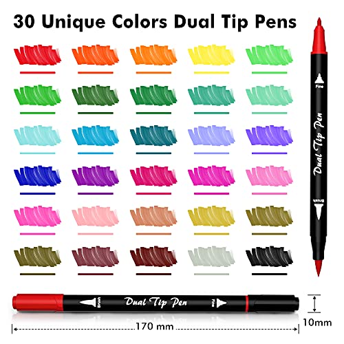 Shuttle Art Dual Tip Brush Pens Art Markers, 30 Colors Dual Tip Calligraphy Pens Fine and Brush Dual Tip Markers Set Perfect for Kids Adult Artist Calligraphy Hand Lettering Journal Doodling Writing