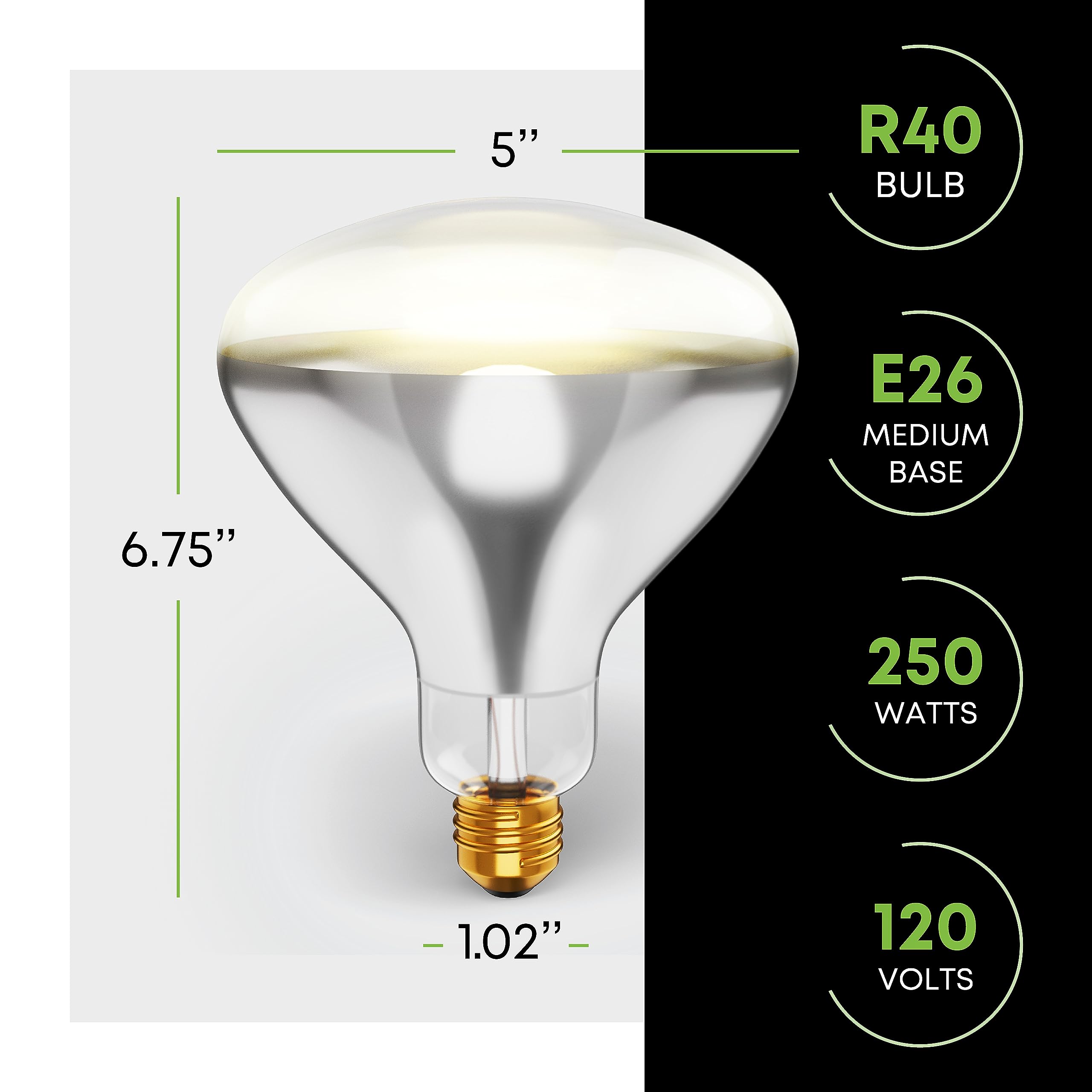 250R40/1 250-Watt, Incandescent R40 Reflector, Clear Head Lamp, Heat Flood Lamp Light Bulb, E26 Standard Medium Screw Base, 120V, 6,000 Hour Rated (Pack of 2-Clear-Heat Lamps)