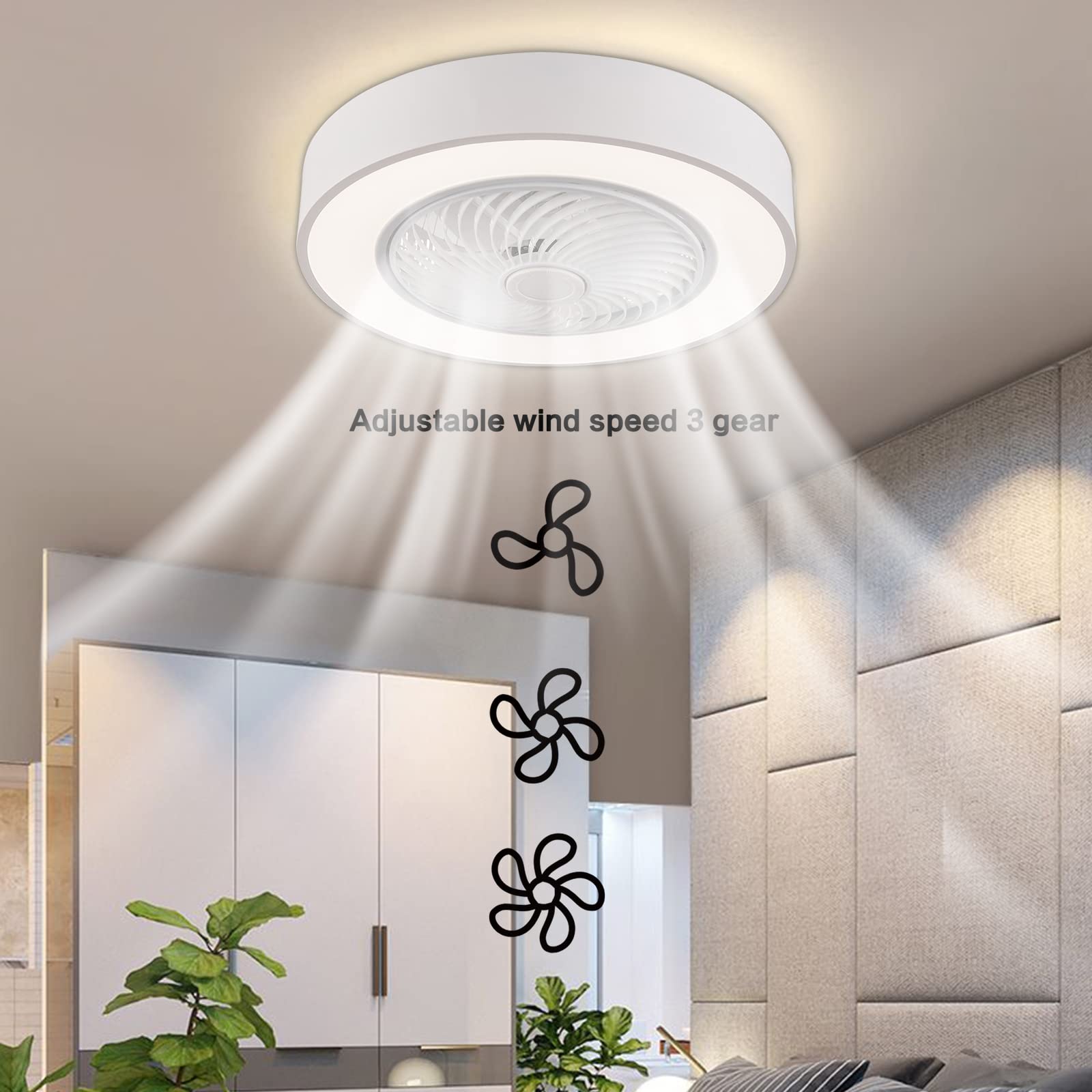 OUKANING Low Profile Ceiling Fan with Lighting, Enclosed Fan, 36 W, Ceiling Lighting, dimmable with Remote Control, 3 Files, Adjustable Wind Speed, Modern Bedroom (22 inches)