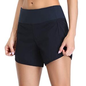 Jhsnjnr Women's Stretch Lounge Travel Shorts Elastic Waist Comfy Workout Shorts with Pockets -5 Inches Navy M