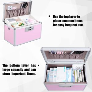 xydstay Medicine Lock Box, First Aid Safe Medication Storage Box,Layered Aluminum Daily Medicine Cabinet,Large Capacity Locking Medicine Storage Box for Family Use,14" x 7.9" x 8.7", Pink