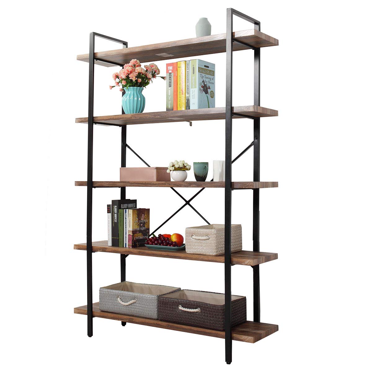 JAXSUNNY Industrial 5-Tier Open Storage Bookshelf Bookcase Organizer Furniture with Metal Frame for Home, Living Room, Office, Bedroom, Stable, Rustic Brown