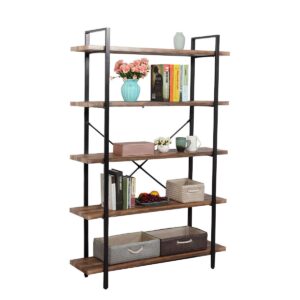 JAXSUNNY Industrial 5-Tier Open Storage Bookshelf Bookcase Organizer Furniture with Metal Frame for Home, Living Room, Office, Bedroom, Stable, Rustic Brown