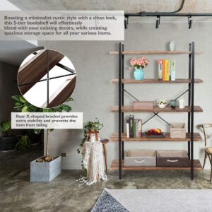 JAXSUNNY Industrial 5-Tier Open Storage Bookshelf Bookcase Organizer Furniture with Metal Frame for Home, Living Room, Office, Bedroom, Stable, Rustic Brown