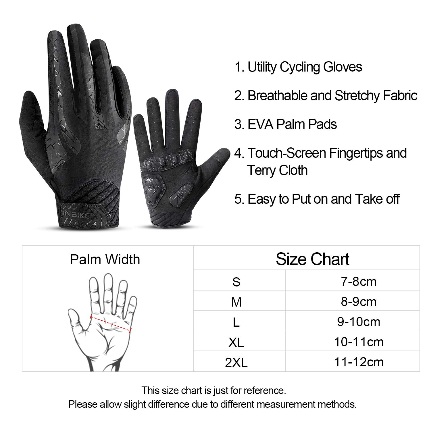 INBIKE Cycling Gloves Gel Bike Gloves for Men Full Finger Bicycle Gloves with Shock-Absorbing Pad Black Large