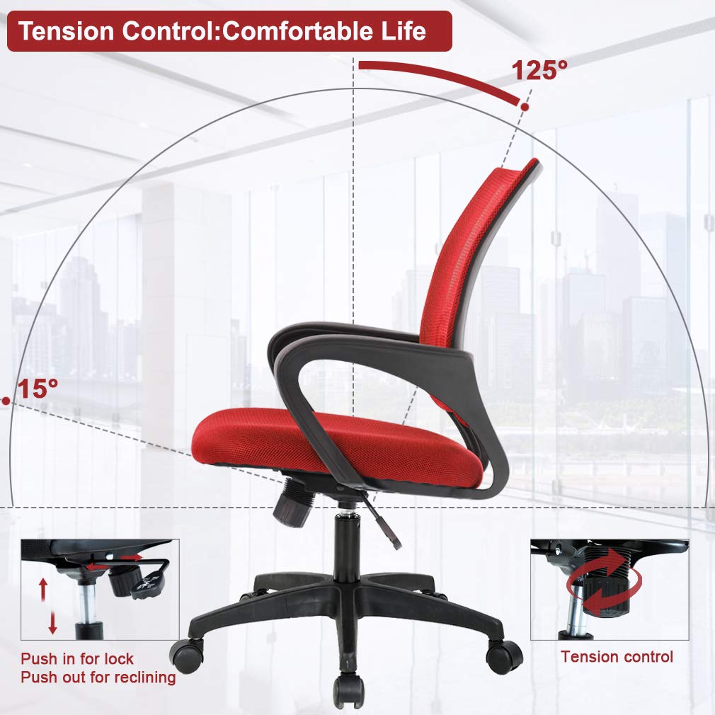 Home Mesh Office Chair Ergonomic Desk Chair Mid Back Computer Chair Task Rolling Swivel Chair with Lumbar Support Arms Modern Executive Adjustable Chair for Girl Adults Women(Red)