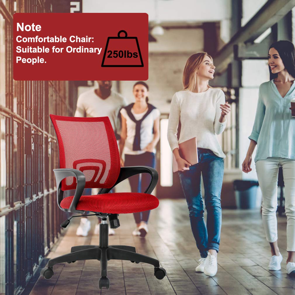 Home Mesh Office Chair Ergonomic Desk Chair Mid Back Computer Chair Task Rolling Swivel Chair with Lumbar Support Arms Modern Executive Adjustable Chair for Girl Adults Women(Red)