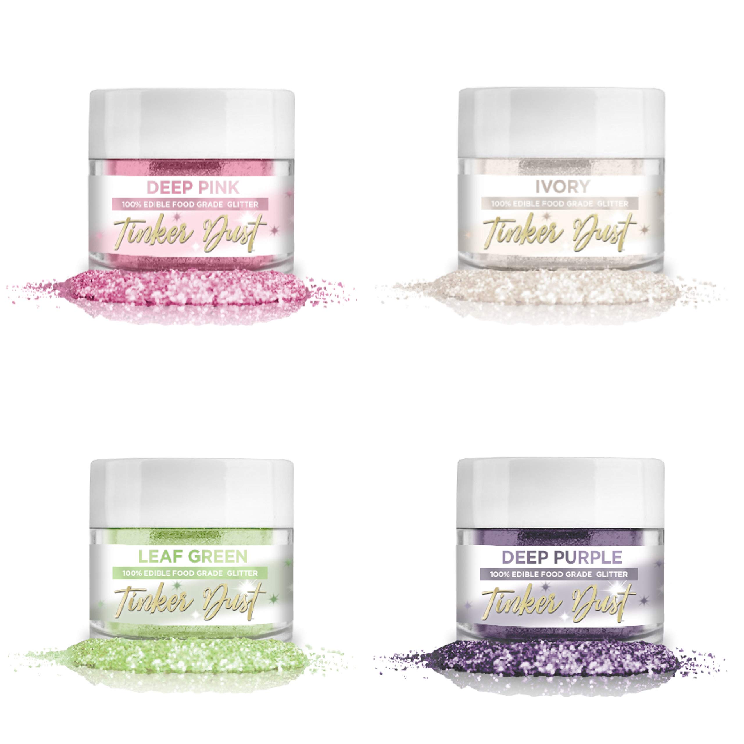 BAKELL Flower Passion Tinker Dust Edible Glitter, 5g Jar Color Set | Includes Our Beautiful Deep Pink, Deep Purple, Ivory & Leaf Green | Kosher Certified | 100% Edible Glitter