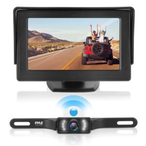 waterproof backup rear view camera - wireless car parking rearview reverse safety/vehicle monitor system w/ 4.3” video color lcd display screen, distance scale lines, night vision - pyle plcm4585wir
