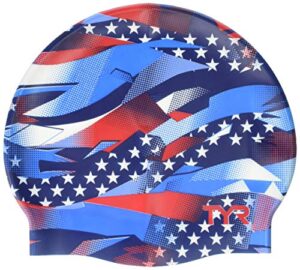 tyr usa ribbon silicone swim cap, rd/wht/blu, one size