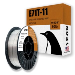 pgn flux core welding wire - e71t-11 .035 inch, 10 pound spool - gasless mild steel mig welding wire with low splatter - for all position arc welding