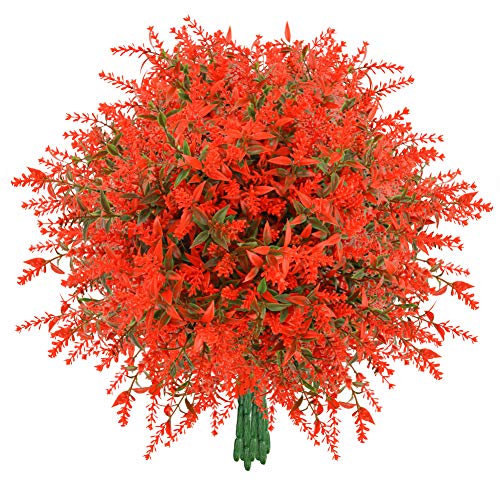 BigOtters 8 Bundles Artificial Lavender Flowers, Outdoor Fake Flowers UV Resistant No Fade Faux Plastic Plants Lover Favors for Home Wedding Garden Porch Window Box Decor(Orange Red)