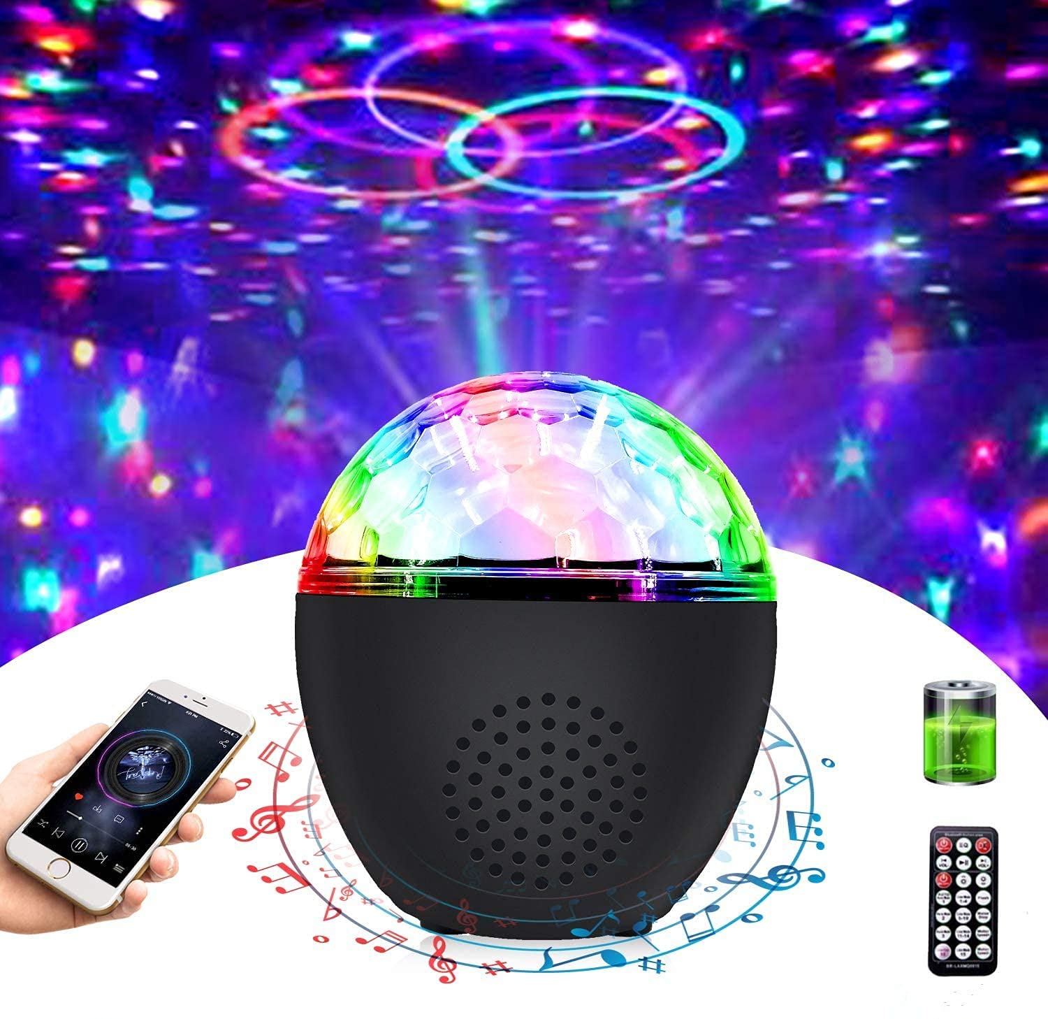 Disco Ball Light Portable Bluetooth DJ Strobe Lights with Remote Control Sound Activated Party Lights for Dance Parties Birthdays Room Decoration Lights X’mas (Classic)