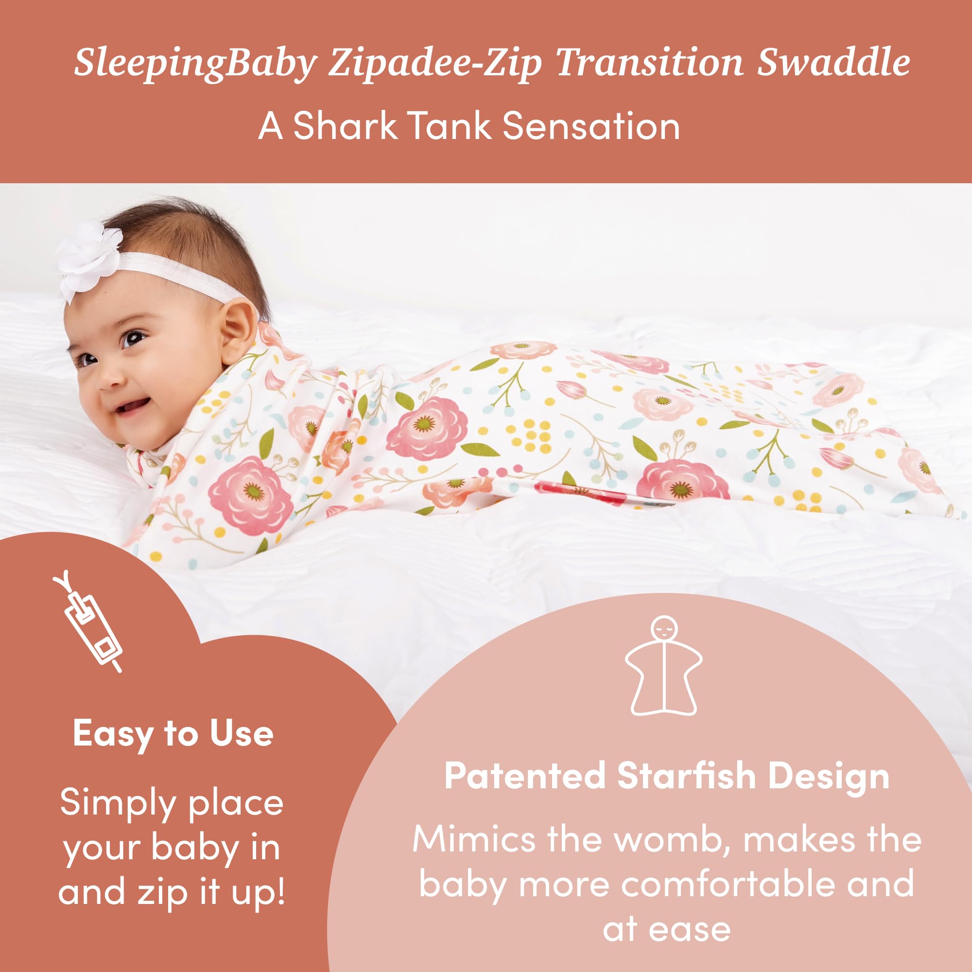 SleepingBaby Zipadee-Zip Transition Swaddle - Cozy Baby Swaddling Blanket with Zipper Convenience - Roomy Baby Wearable Blanket for Easy Diaper Changes - Pretty Poppy, Small (4-8 Month)