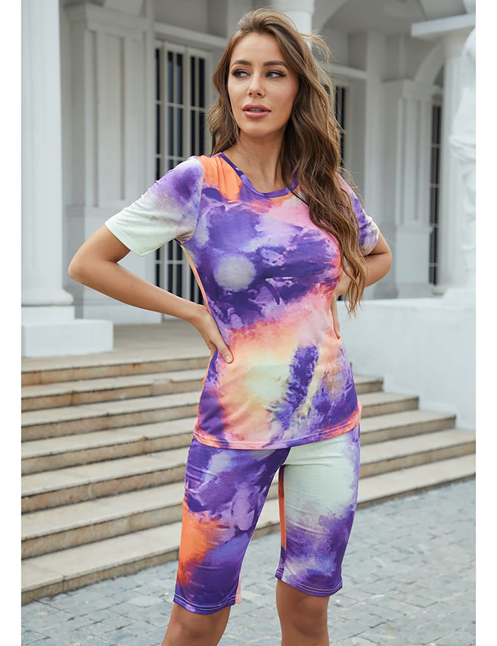 Short Sets Women 2 Piece Outfits, Tie Dye Short Sleeve Top and Shorts Tracksuit Set Purple-Yellow XXL