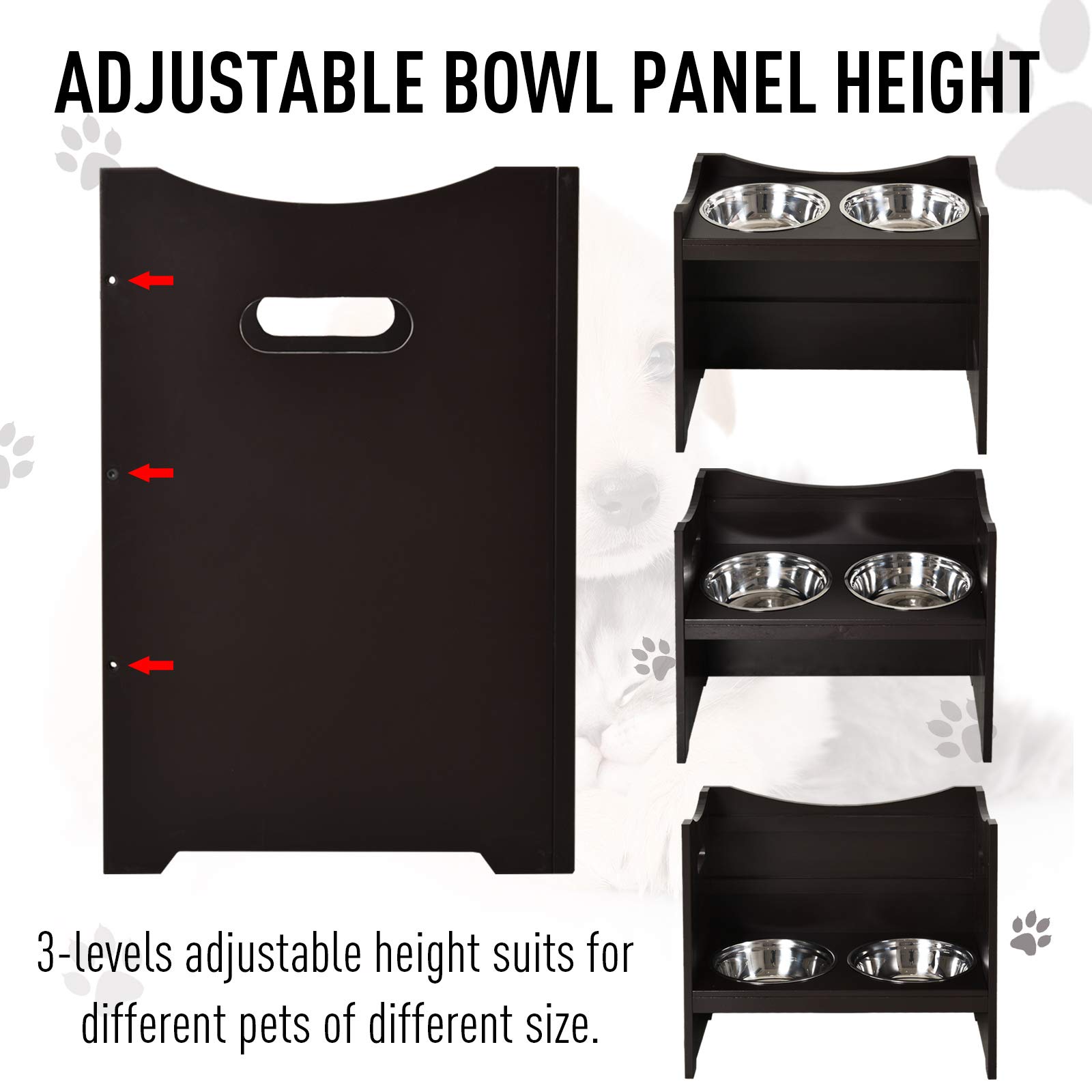 PawHut Raised Pet Food Elevated Feeder with 2 Stainless Steel Bowls, 3 Levels Adjustable Height Levels, and Wood Finish