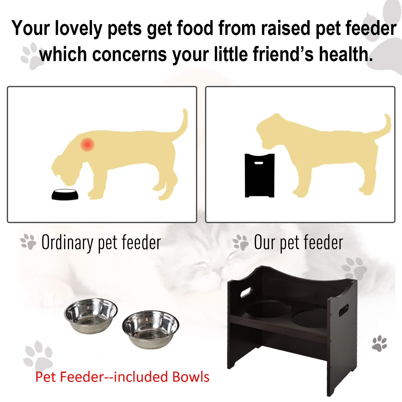 PawHut Raised Pet Food Elevated Feeder with 2 Stainless Steel Bowls, 3 Levels Adjustable Height Levels, and Wood Finish