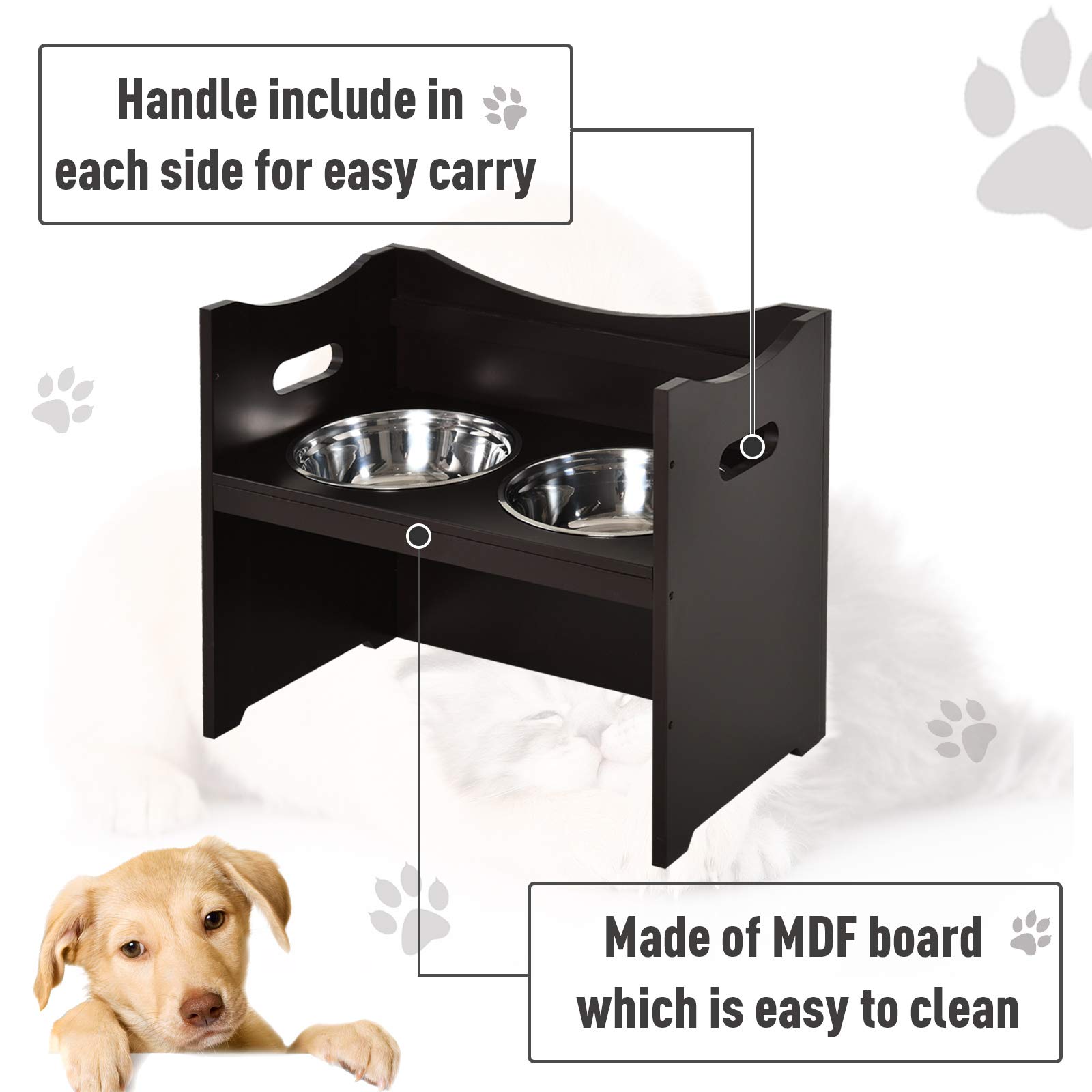 PawHut Raised Pet Food Elevated Feeder with 2 Stainless Steel Bowls, 3 Levels Adjustable Height Levels, and Wood Finish