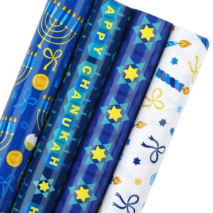 WRAPAHOLIC Hanukkah Wrapping Paper Roll - Menorahs, The Star of David, Candles Design for Chanukah Celebration - 4 Rolls - 30 Inch X 120 Inch Per Roll