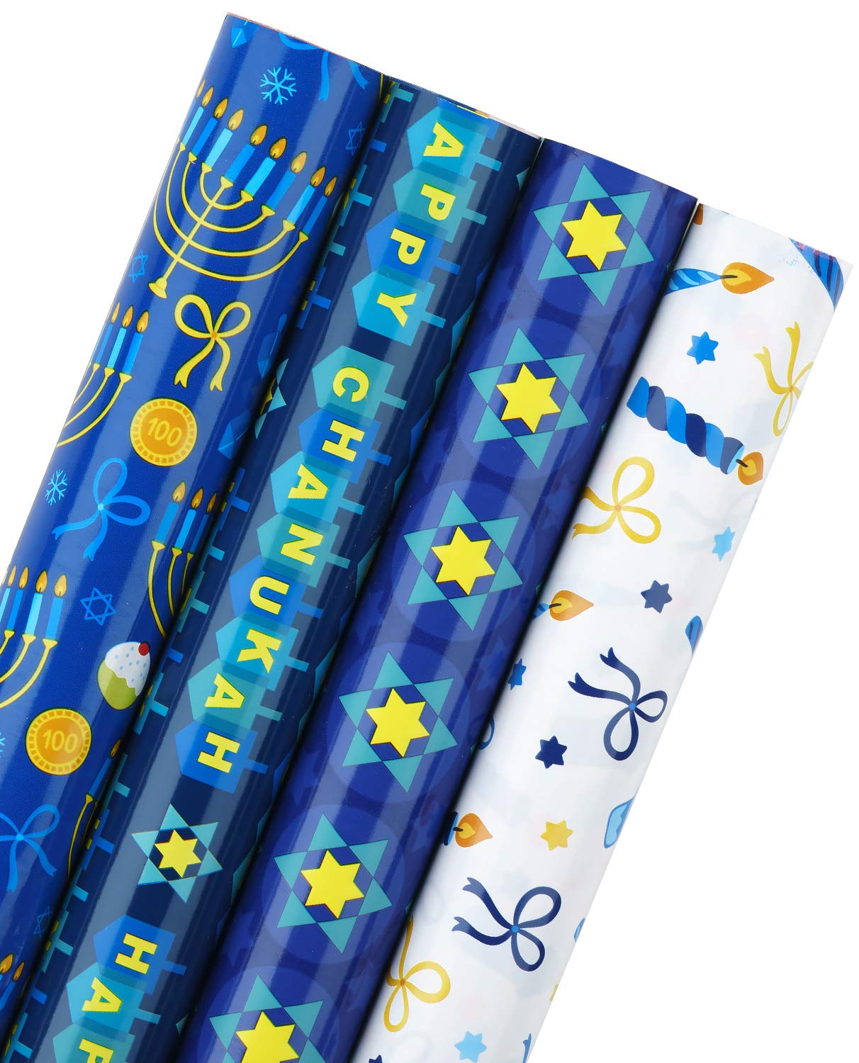 WRAPAHOLIC Hanukkah Wrapping Paper Roll - Menorahs, The Star of David, Candles Design for Chanukah Celebration - 4 Rolls - 30 Inch X 120 Inch Per Roll