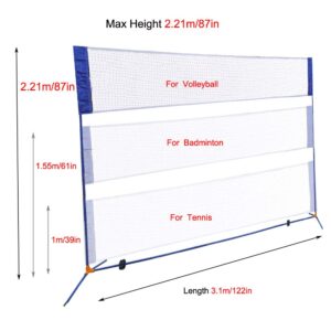 Portable Height Adjustable Badminton Volleyball Tennis Net Set Multi-Purpose Sports Equipment with Poles Stand and Carry Bag for Outdoor Garden Beach