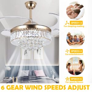 Panghuhu88 36" Invisible Ceiling Fan Chandelier Light,Modern Crystal Ceiling Fan Light Remote Control 4 Retractable ABS Blades for Bedroom Living Room Dining Room Decoration (Gold)