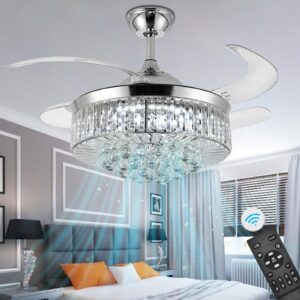 panghuhu88 36" invisible ceiling fan chandelier light,modern crystal ceiling fan light remote control 4 retractable abs blades for bedroom living room dining room decoration (silver)