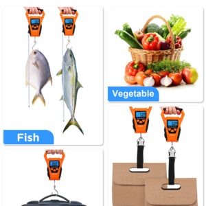 HEETA Waterproof Fish Scale Digital with Backlit LCD Display, 110lb/50kg Portable Hanging Scale Fishing Scale for Home and Outdoor, Measuring Tape and 2 AAA Batteries Included (Orange)