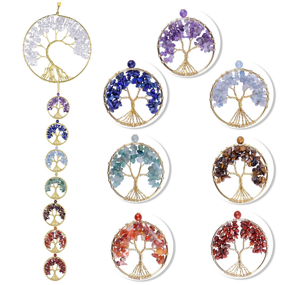 rockcloud Rock Quartz Healing Crystals Tree of Life Wall Hanger Tumbled Gemstones Meditation Hanging Ornament Window Ornament Wedding Souvenir Home Decor