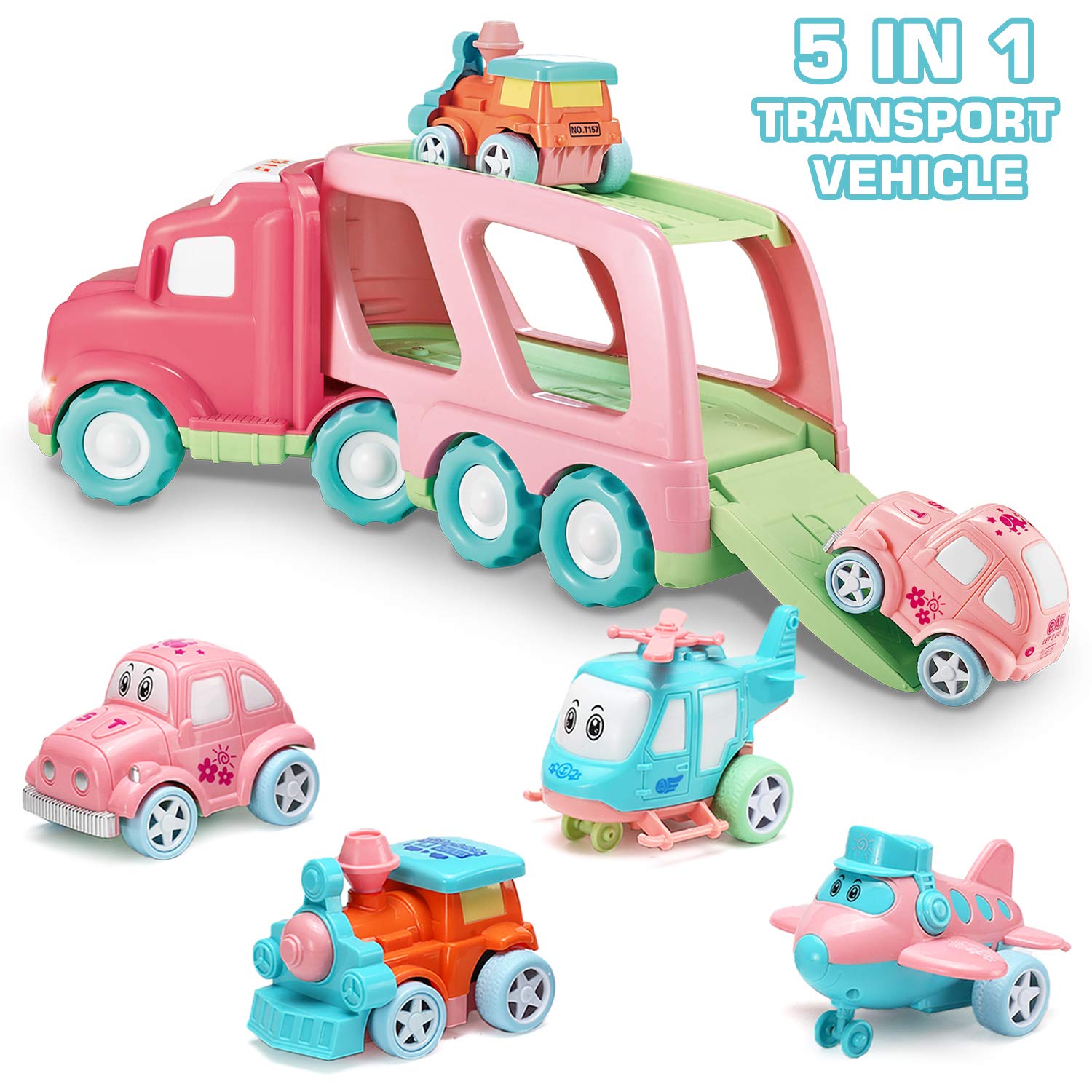 Carrier Car Toy Set(5 in 1) with Lights and Sounds, Pink Toy for Girl Toddler Kid, Friction Powered Double Layer Transport Truck with Cartoon Vehicles, Child Play Birthday Gift Christmas Party Favors