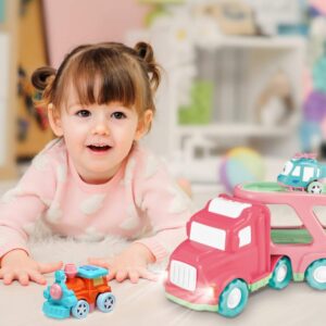 Carrier Car Toy Set(5 in 1) with Lights and Sounds, Pink Toy for Girl Toddler Kid, Friction Powered Double Layer Transport Truck with Cartoon Vehicles, Child Play Birthday Gift Christmas Party Favors