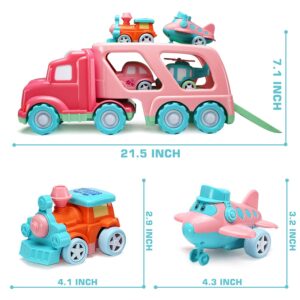 Carrier Car Toy Set(5 in 1) with Lights and Sounds, Pink Toy for Girl Toddler Kid, Friction Powered Double Layer Transport Truck with Cartoon Vehicles, Child Play Birthday Gift Christmas Party Favors