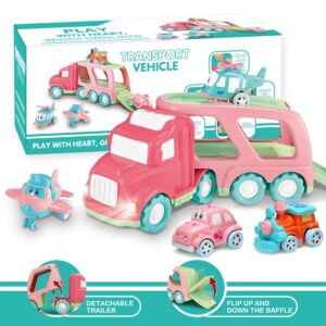 Carrier Car Toy Set(5 in 1) with Lights and Sounds, Pink Toy for Girl Toddler Kid, Friction Powered Double Layer Transport Truck with Cartoon Vehicles, Child Play Birthday Gift Christmas Party Favors