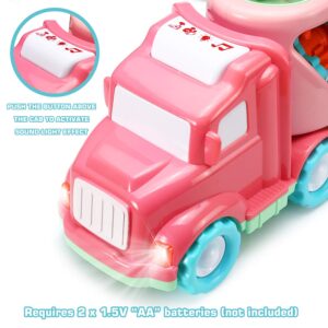 Carrier Car Toy Set(5 in 1) with Lights and Sounds, Pink Toy for Girl Toddler Kid, Friction Powered Double Layer Transport Truck with Cartoon Vehicles, Child Play Birthday Gift Christmas Party Favors