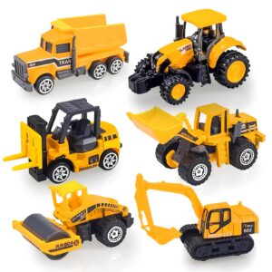 diecast construction vehicle set for kids, alloy mini model construction vehicle dump truck, bulldozer, roller, tractor, forklift, excavator (6 pack)