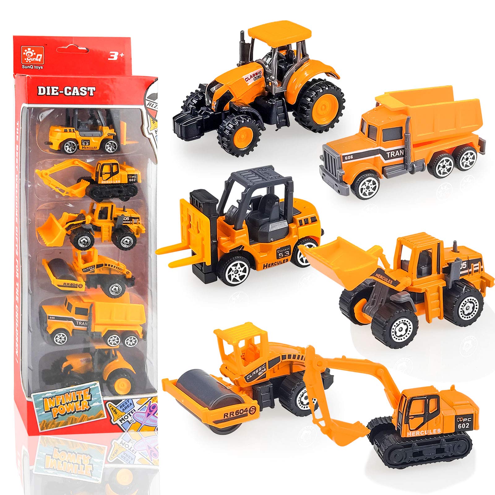 Diecast Construction Vehicle Set for Kids, Alloy Mini Model Construction Vehicle Dump Truck, Bulldozer, Roller, Tractor, Forklift, Excavator (6 Pack)